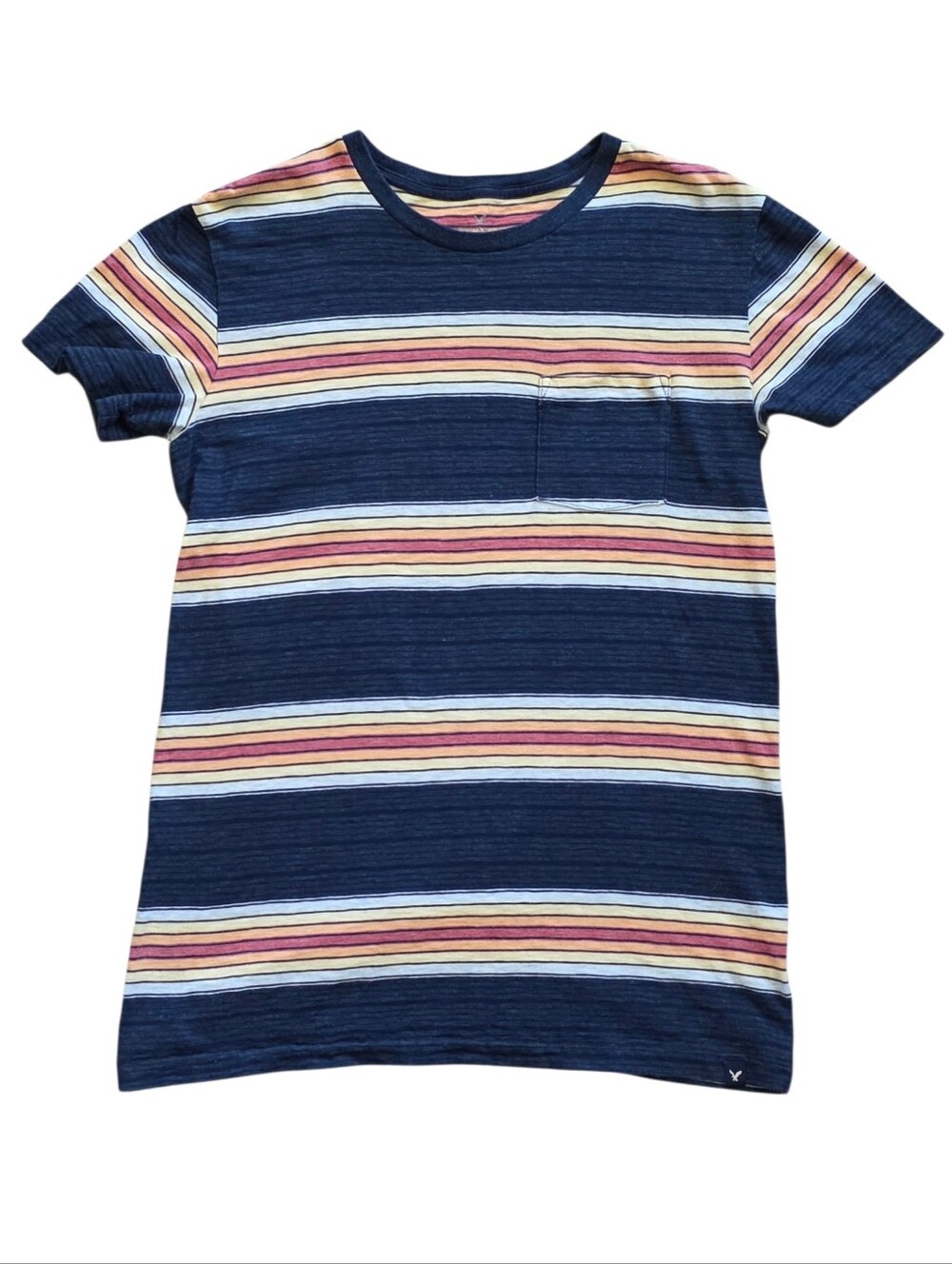 American‎ Eagle Small Navy Blue Red Orange Yellow Retro Striped Pocket Tee
